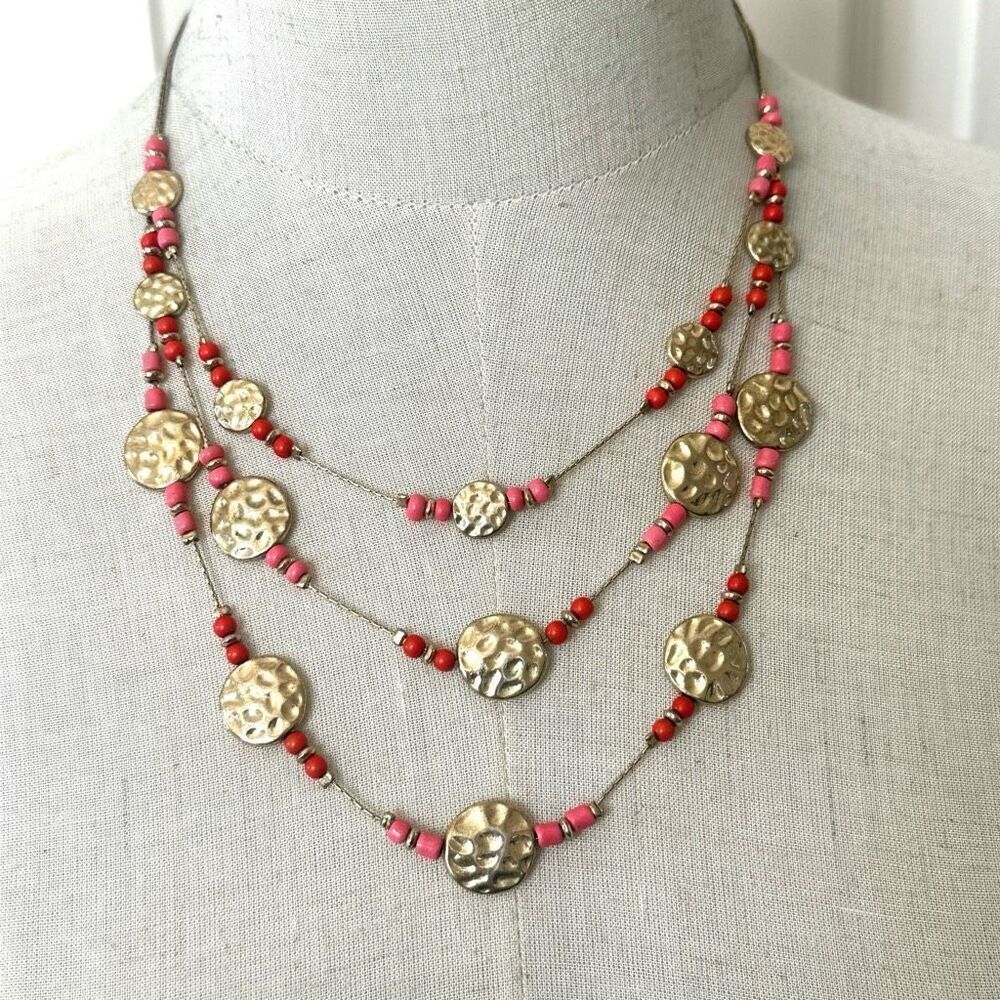 NY Collection triple strand orange, pink  and gold tone disc necklace